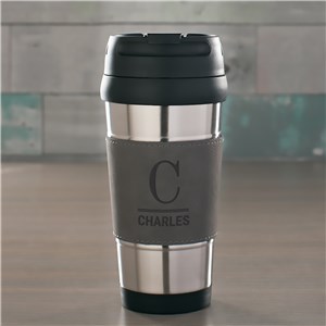 Engraved Initial and Name Grey Leather Travel Mug | Customizable Coffee Mugs