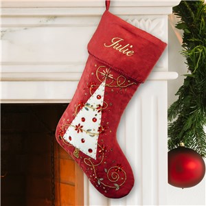 Embroidered Burgundy Christmas Tree Stocking | Personalized Christmas Stockings 