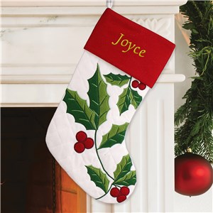 Embroidered Quilted Holly Stocking | Unique Christmas Stocking