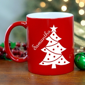 Christmas Tree Engraved Red Mug | Customizable Coffee Mugs