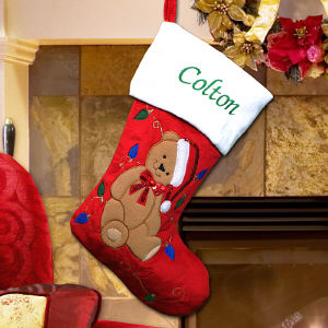 Embroidered Teddy Bear Red Plush Stocking | Custom Stockings