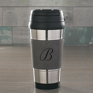 Engraved Single Initial Grey Leather Travel Mug L10491174