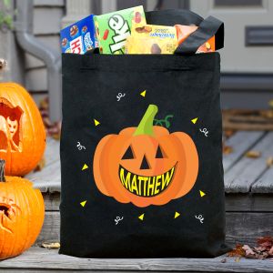 Personalized Pumpkin Trick or Treat Black Tote Bag | Personalized Halloween Bags