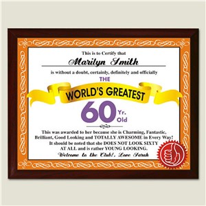 World's Greatest 60th Birthday Personalized Plaque