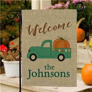 Personalized Welcome Fall Truck Burlap Garden Flag | Personalized Garden Flags