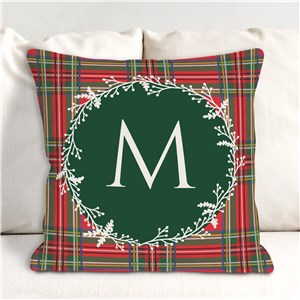 Tartan Plaid Wreath Initial Personalized Throw Pillow | Christmas Throw Pillows