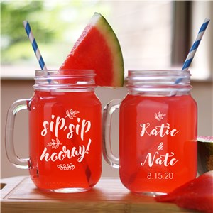 Engraved Sip, Sip, Hooray Wedding Mason Jar | Personalized Couple Gifts