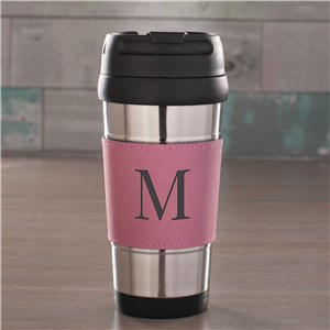 Engraved Single Initial Pink Leatherette Travel Mug | Personalized Travel Mugs