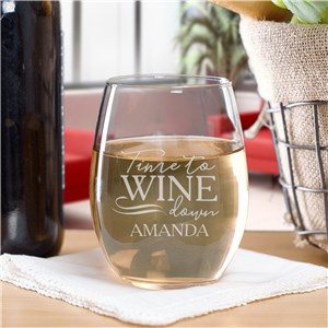 Personalized Time To Wine Down Stemless Wine Glass | Personalized Stemless Wine Glasses