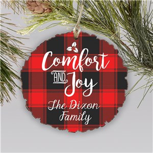 Personalized Comfort And Joy Round Barky Ornament | Personalized Plaid Christmas Ornaments