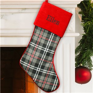 Embroidered Grey Plaid Stocking with Red Cuff | Customized Christmas Stockings