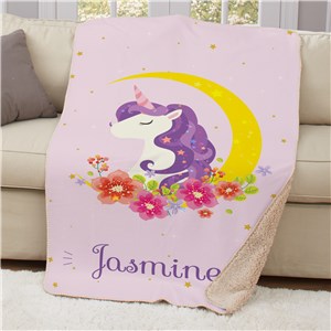 Unicorn with Moon Sherpa Blanket | Personalized Unicorn Throw Blanket