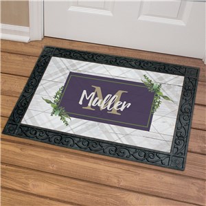 Personalized Doormat | Grey Plaid and Botanical Doormat