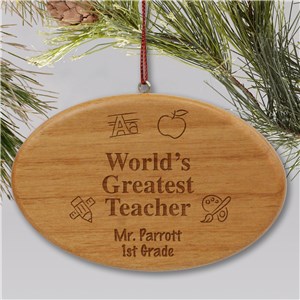 Engraved Teacher Wooden Oval Christmas Ornament | Personalized Teacher Ornaments